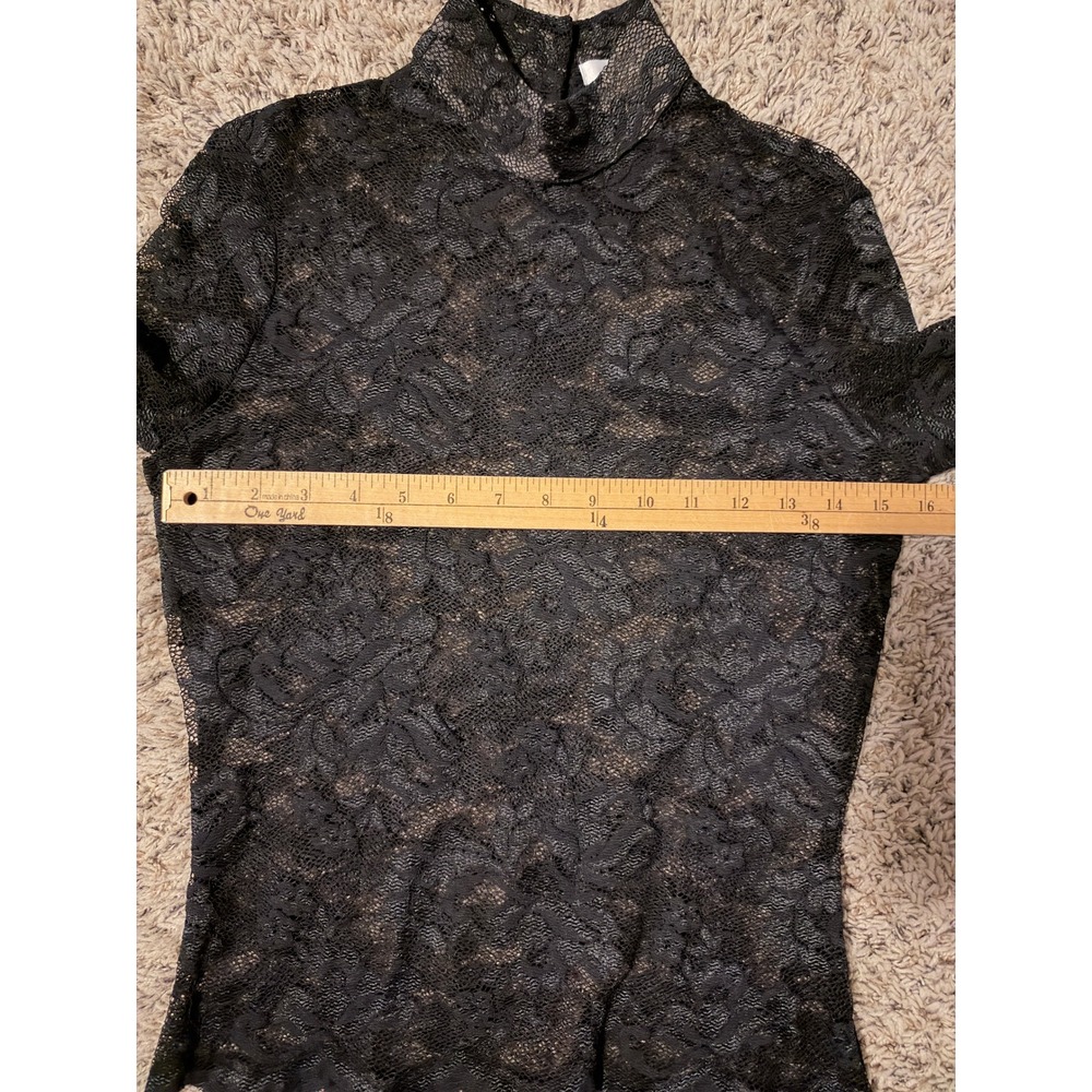 Cache Black Floral Lace Mock Neck Long Sleeve Top Sheer Scalloped Hem
